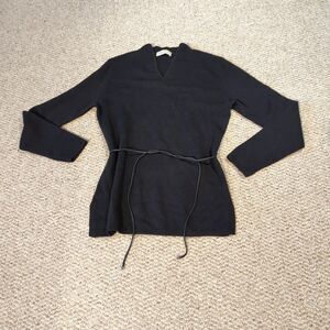Lord & Taylor Italian Merino Wool Sweater Womens Medium Black V Neck Belted